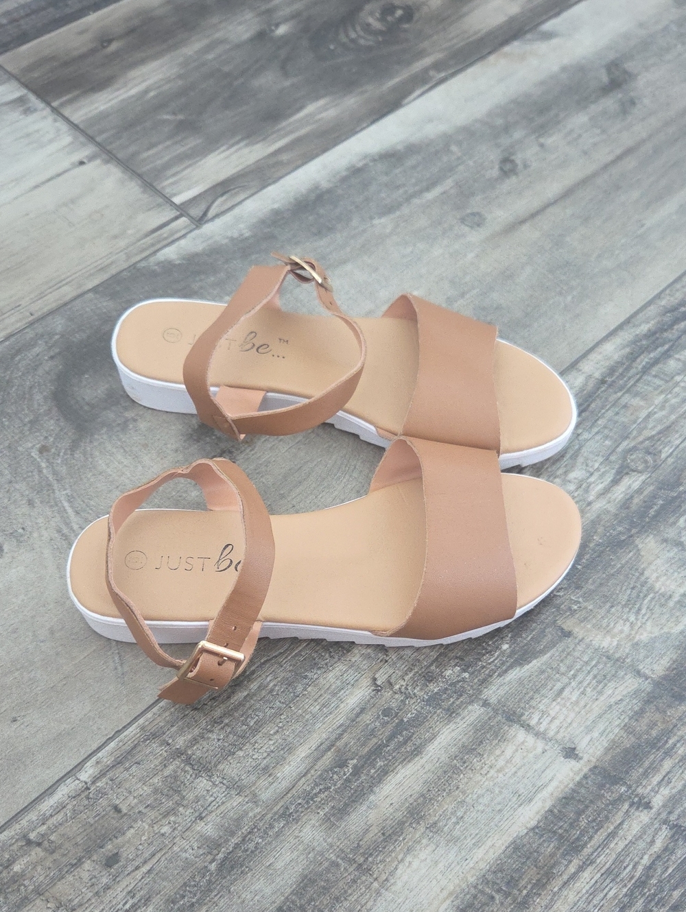 just be Tan Ankle-Strap Flat Sandals with White Sole Size 6